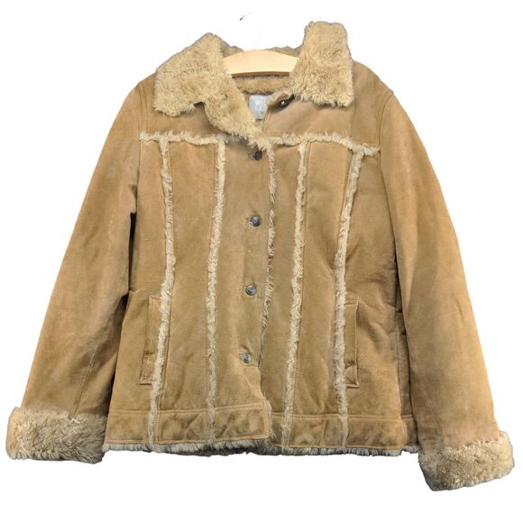 Wilson Leather Maxima Women's Suede Sherling Coat Long Sleeve Tan L Frayed Edge - Picture 1 of 16